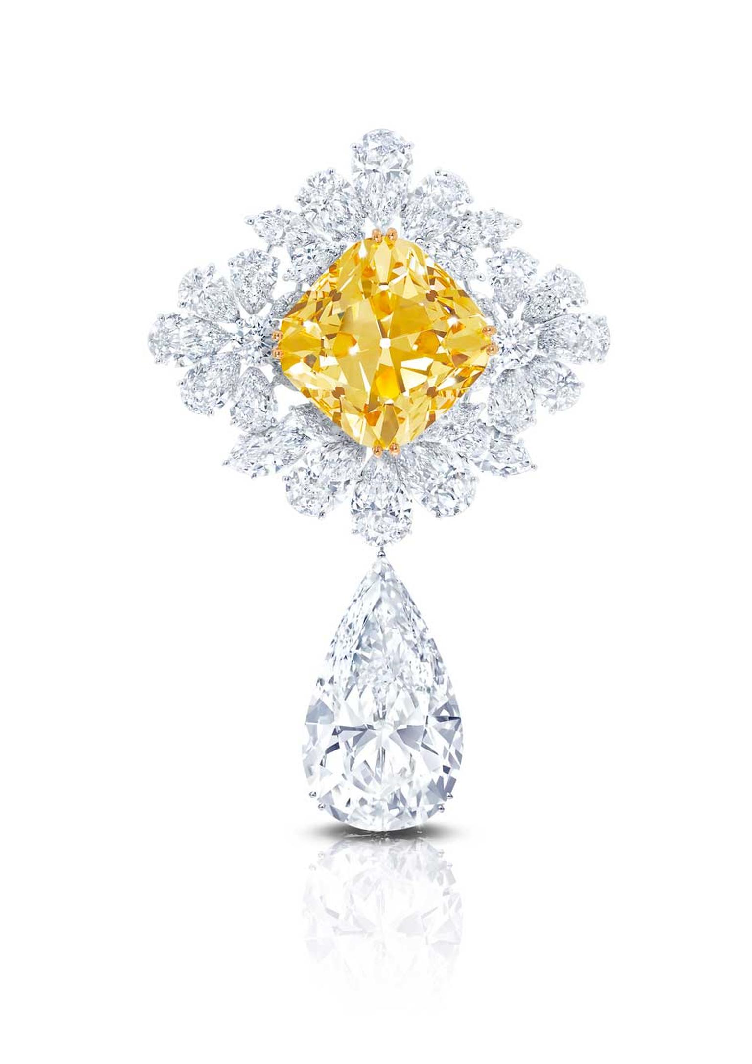 Graff's The Royal Star of Paris, named in honour of the Biennale des Antiquaires, stars the Graff Sunflower, a 107.46ct Fancy Yellow cushion-cut diamond, from which is suspended the the Graff Perfection, a 100ct D Flawless pear-shaped diamond drop.