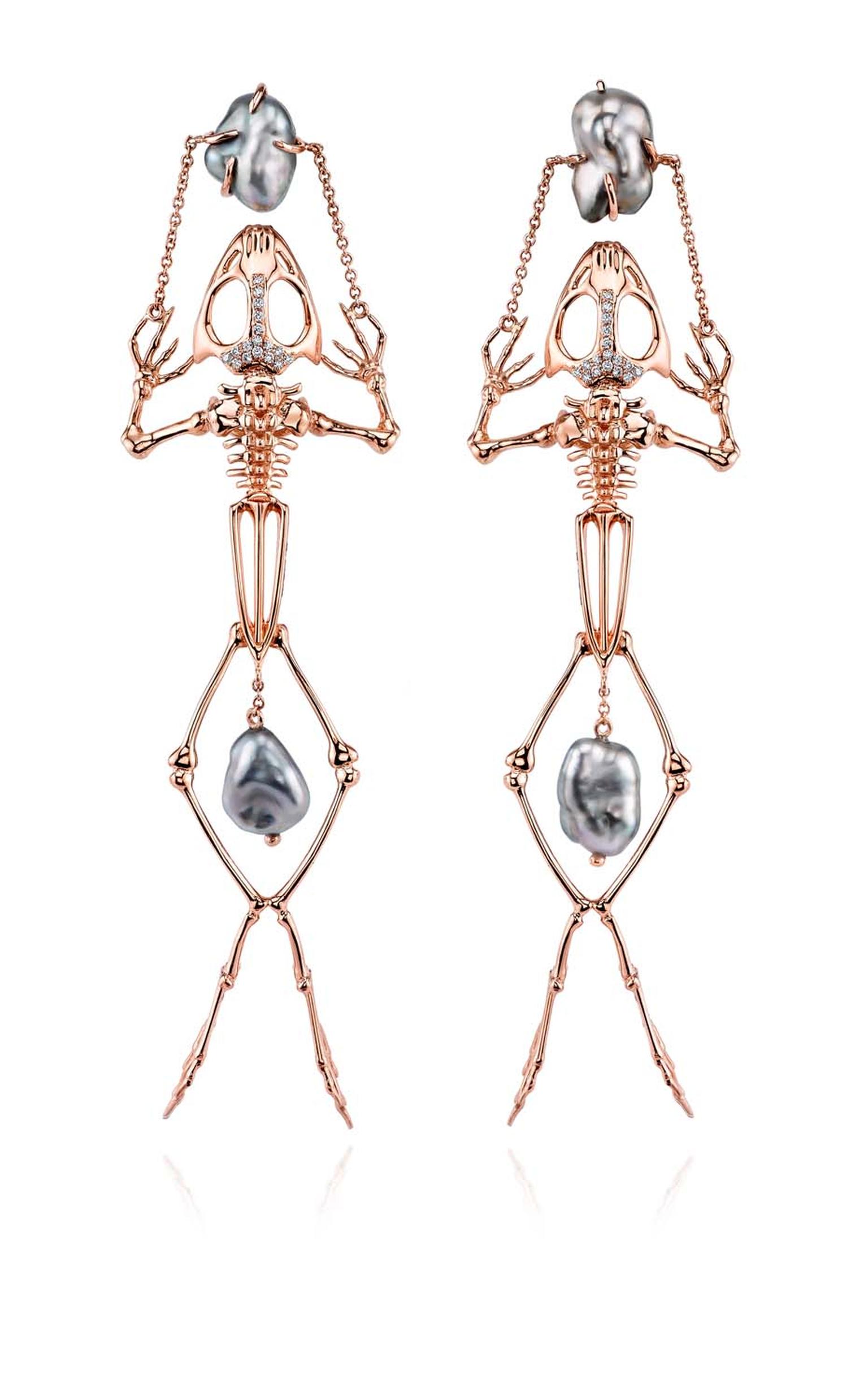 Daniela Villegas Rebirth collection Frog Skeleton earrings in rose gold with white diamonds and Keshi pearls.