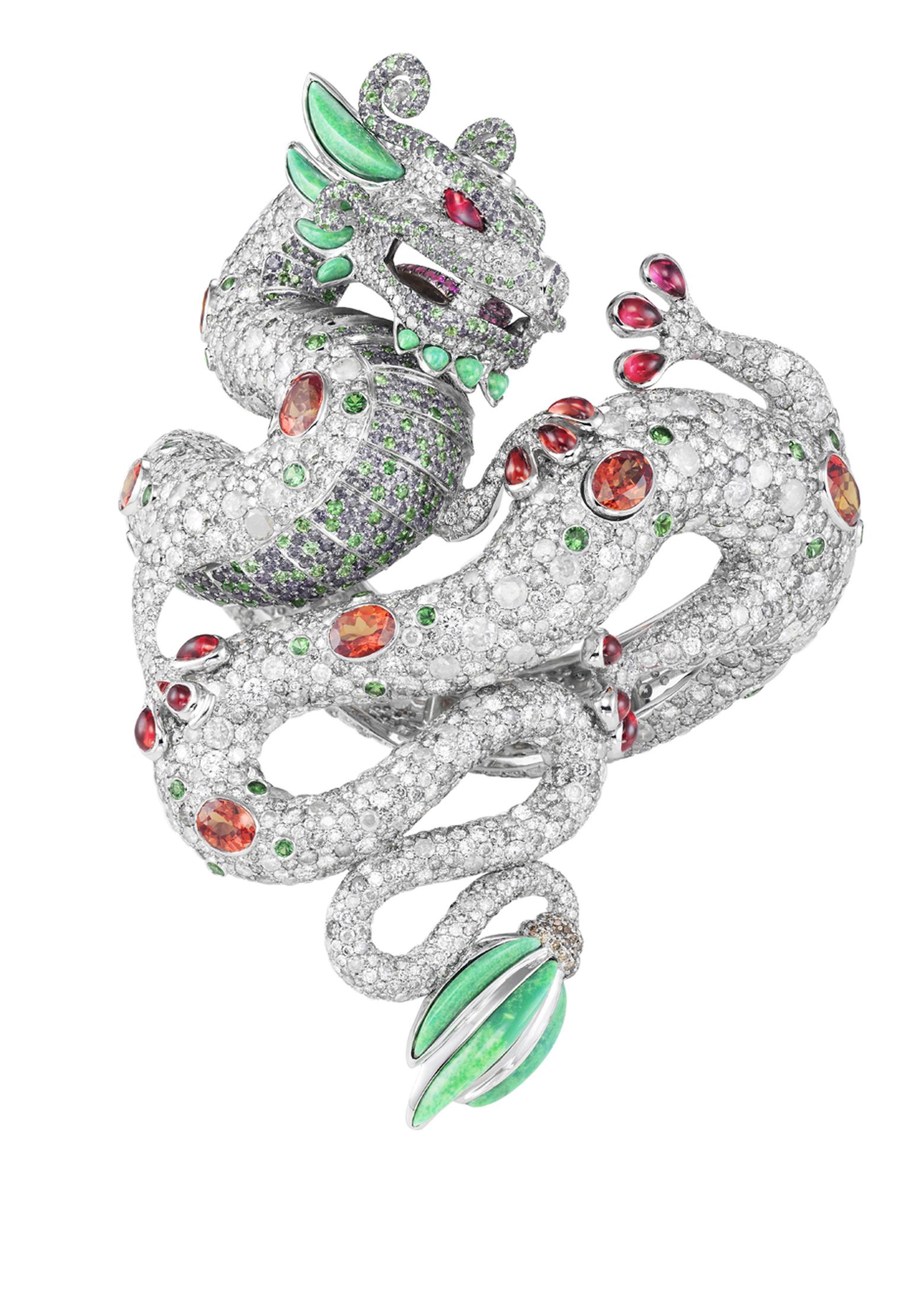Harumi Klossowska for Chopard Dragon bracelet features rubies, diamonds, emerald and turquoise and fuses the major cultural symbols of the Chinese dragon with the Aztec plumed serpent.