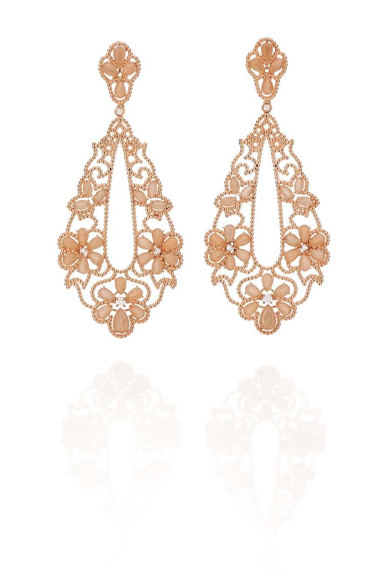 Carla Amorim rose gold Ibirapuera earrings with peach moonstone and white diamonds.