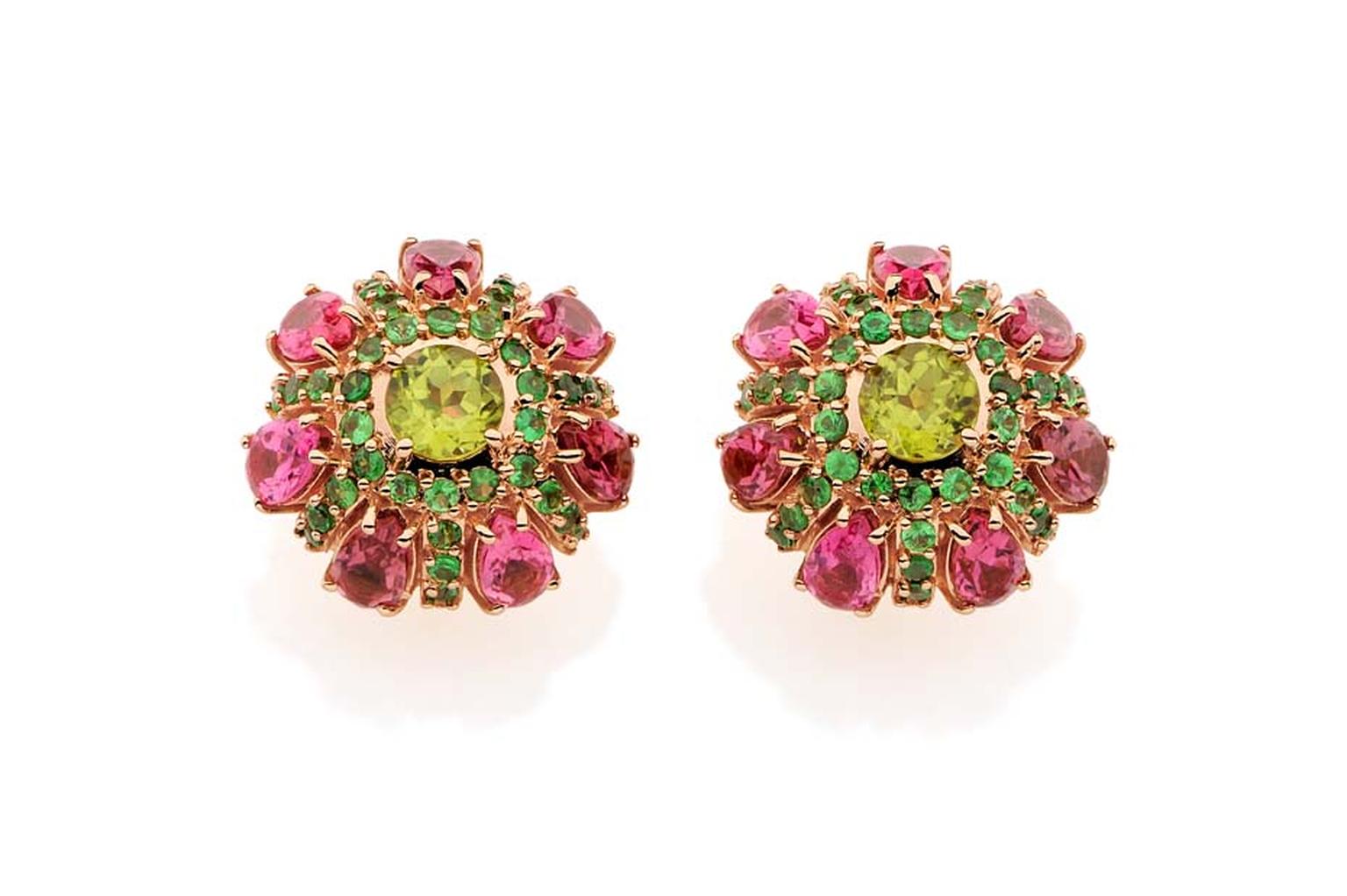 Carla Amorim rose gold Vitral earrings with peridot, tsavorite and pink tourmaline.
