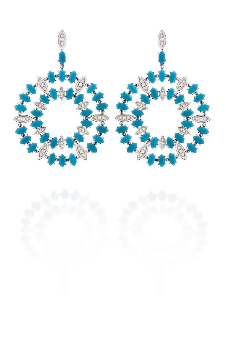 Carla Amorim white gold Aquario earrings with turquoise and white diamonds.
