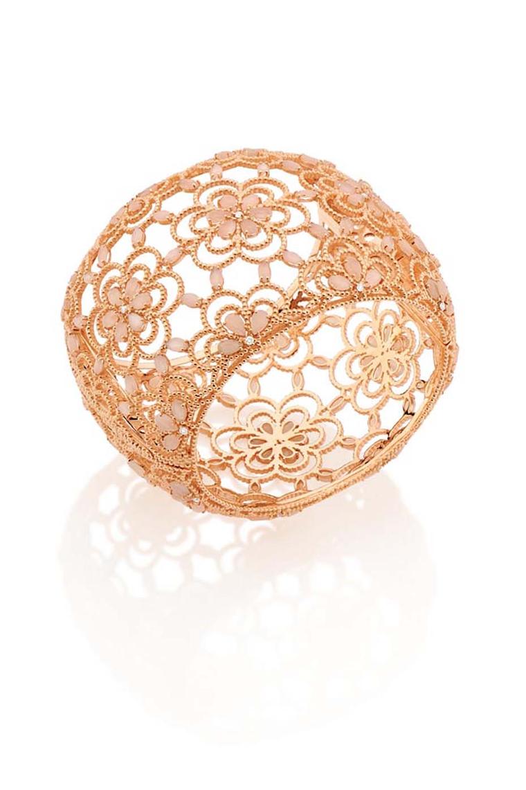 Carla Amorim rose gold Ibirapuera bracelet with peach moonstone and white diamonds.