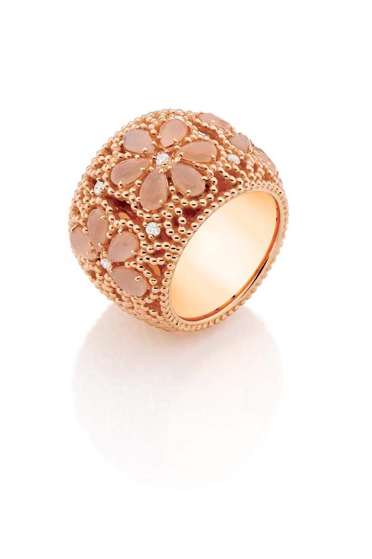 Carla Amorim rose gold Ibirapuera ring with peach moonstone and white diamonds.