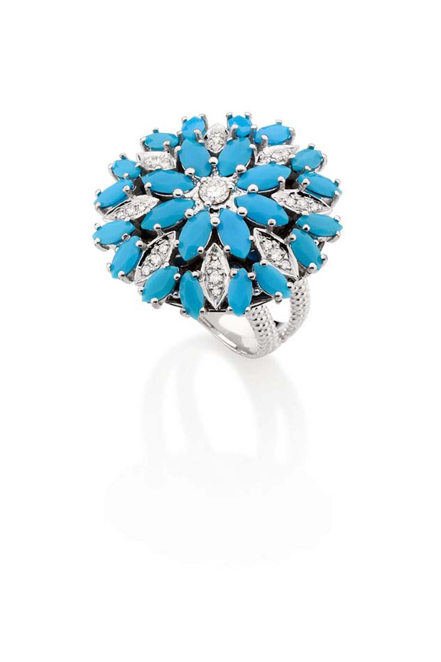 Carla Amorim white gold Aquario ring with turquoise and white diamonds.