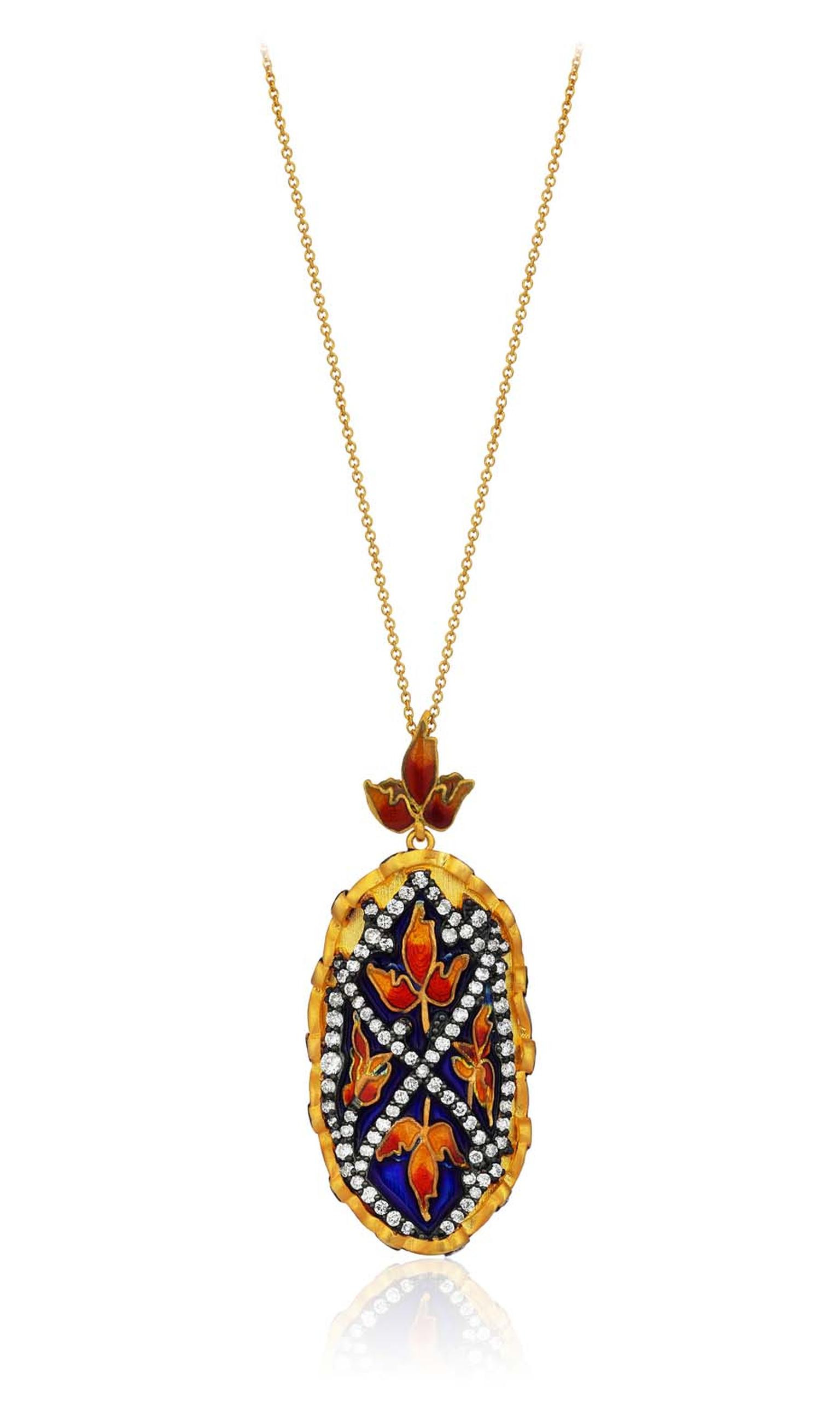 Pinar Oner Gezi necklace with diamonds and floral enameling.