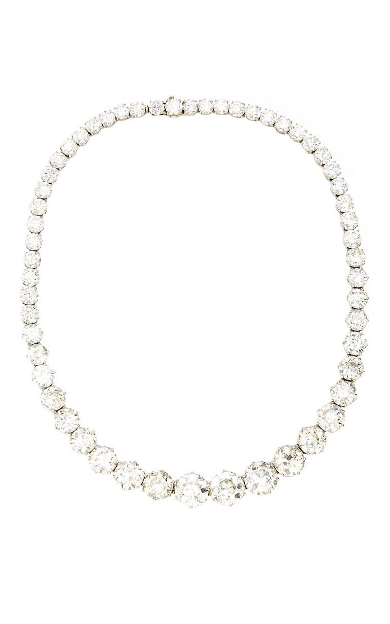 FD Gallery's Bulgari diamond and platinum necklace was commissioned in 1958. Designed rivière-style to appear like a single flowing stream of diamonds about the neck, it was made for Helene Propper de Callejón. $750,000 at Moda Operandi.