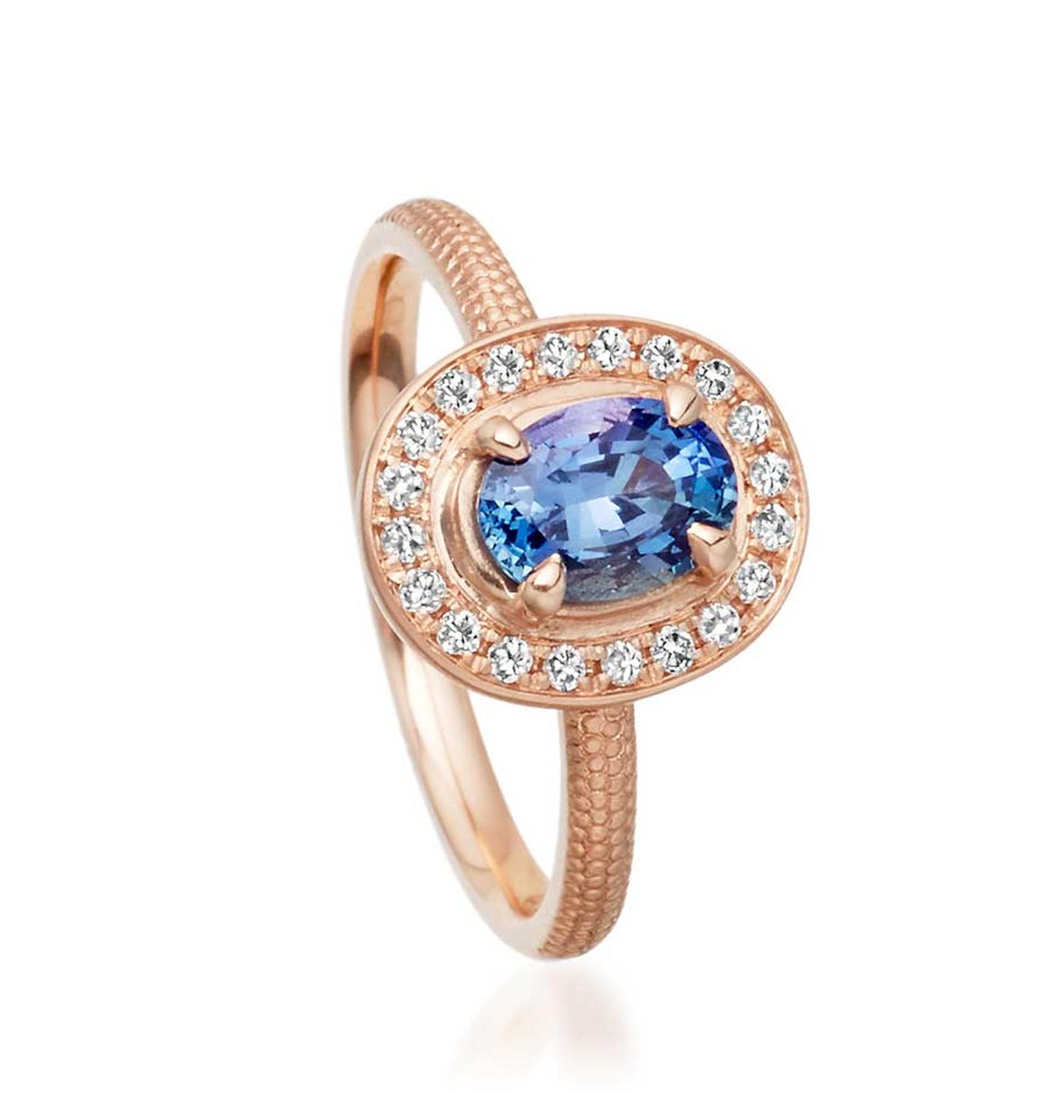 Anne Sportun Periwinkle blue sapphire engagement ring in rose gold, available from Astley Clarke (£3,250).