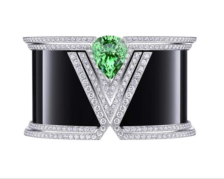 Louis Vuitton Acte V Apotheosis cuff featuring black onyx, diamonds and a pear-shaped tsavorite.