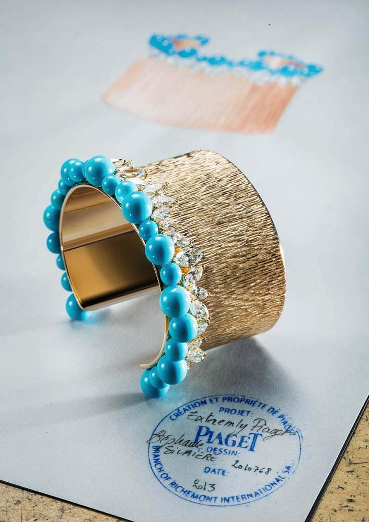 Extremely Piaget collection Palace bracelet in pink gold set with 32 marquise-cut diamonds and 23 turquoise beads.