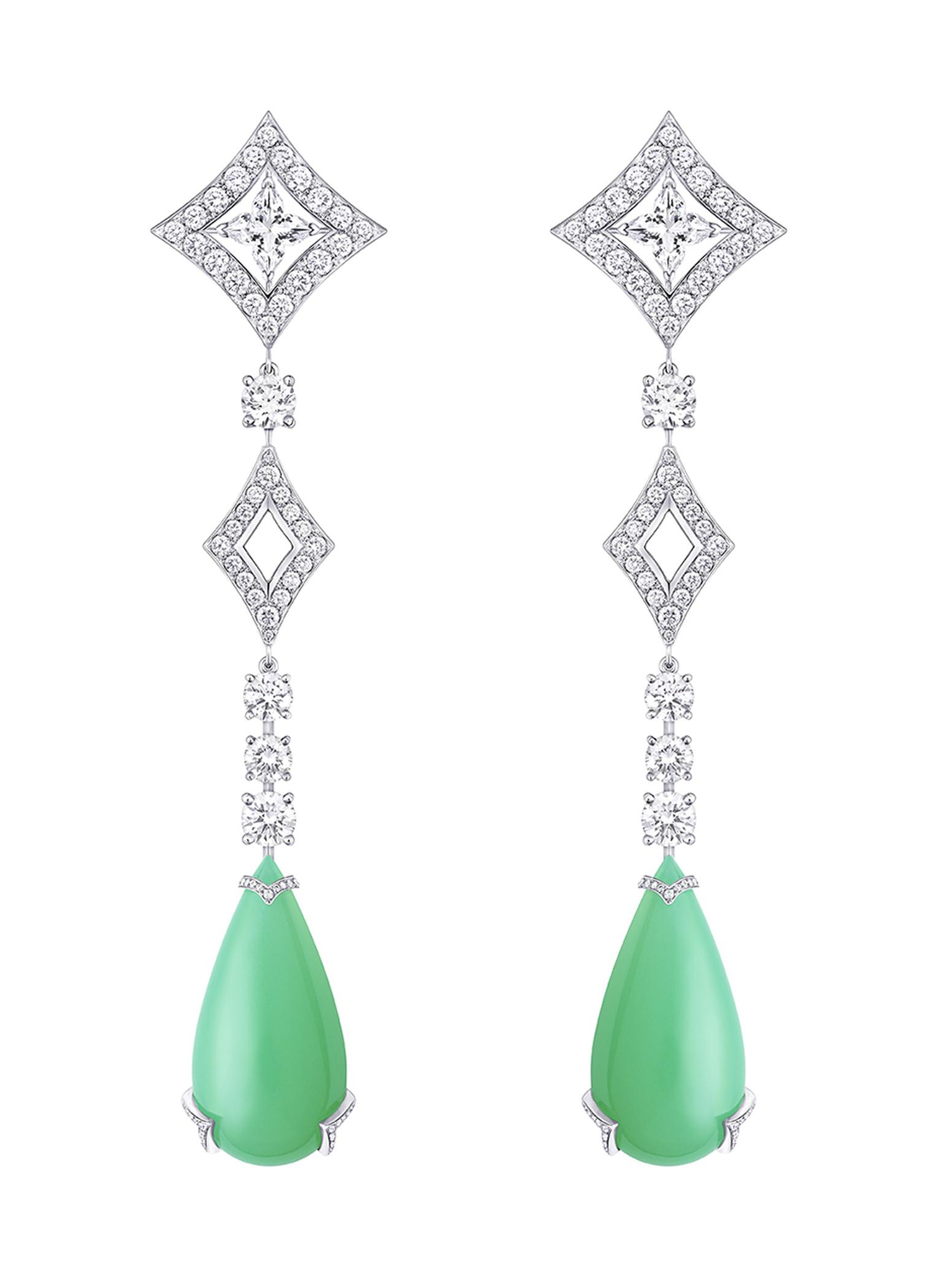 Louis Vuitton Acte V Metamorphosis high jewellery earrings featuring chrysoprase drops and diamonds.