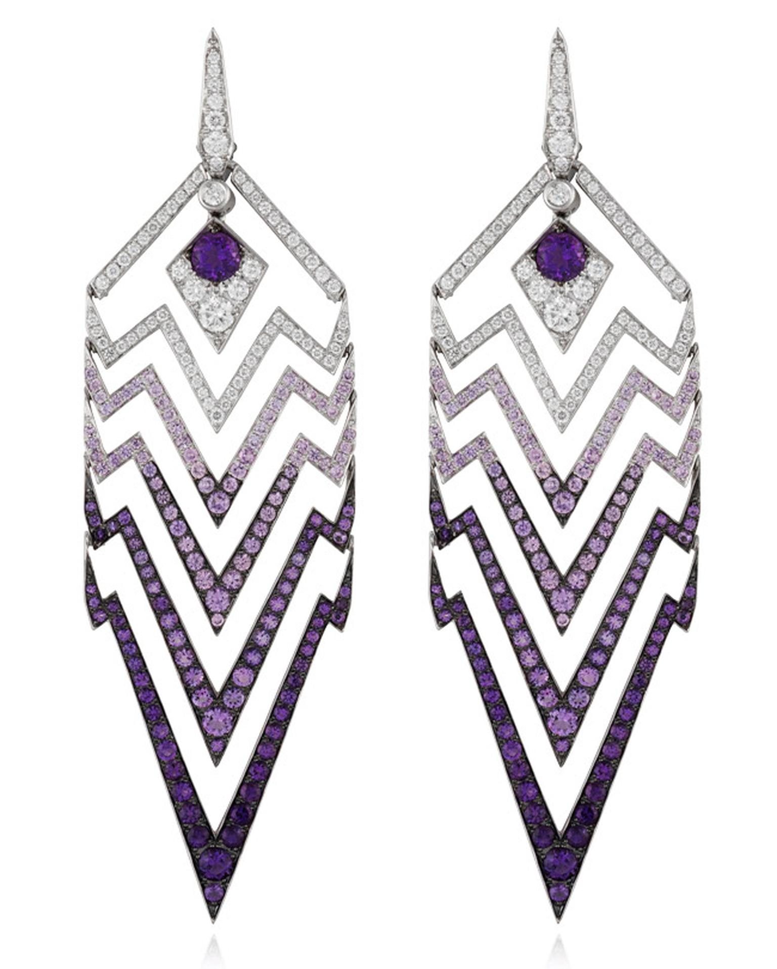 Stephen Webster Lady Stardust chandelier earrings in white gold featuring geometric zigzags with white diamonds turning into ever deepening purple amethysts for a dramatic dip-dye effect.