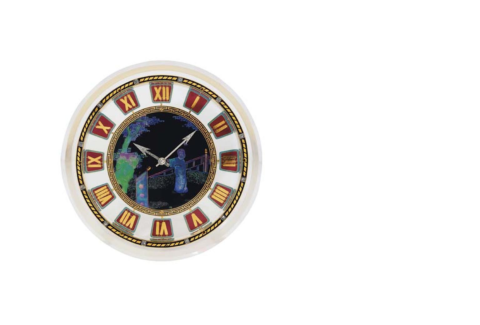 Christie's Lot 239 Cartier rock crystal, enamel, mother-of-pearl and diamond clock dating from circa 1925 (estimate: £40,000-60,000).