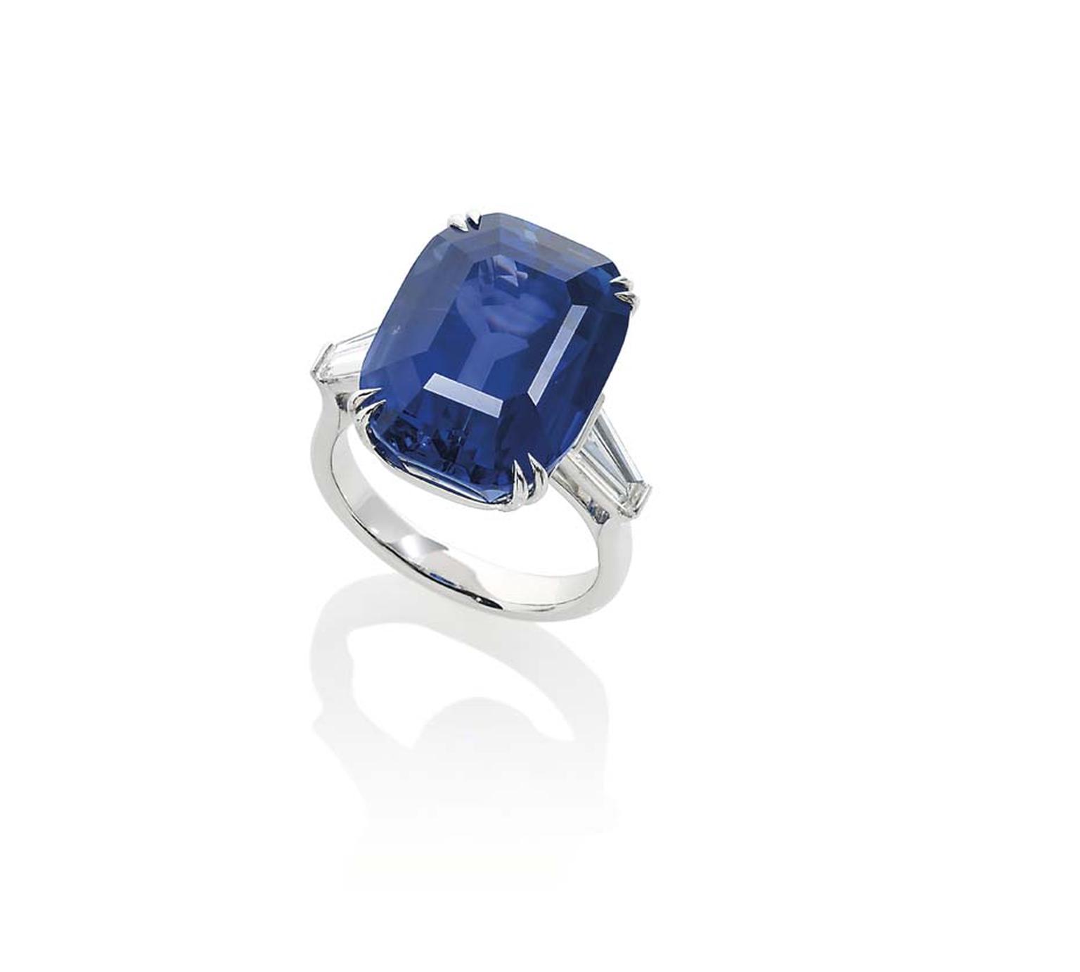 Lot 434, a 23.00ct Ceylon sapphire ring, flanked by diamonds (estimate: £140,000-180,000), makes up a very special trio of sapphires at Christie's Important Jewels sale in London on 26 November 2014.