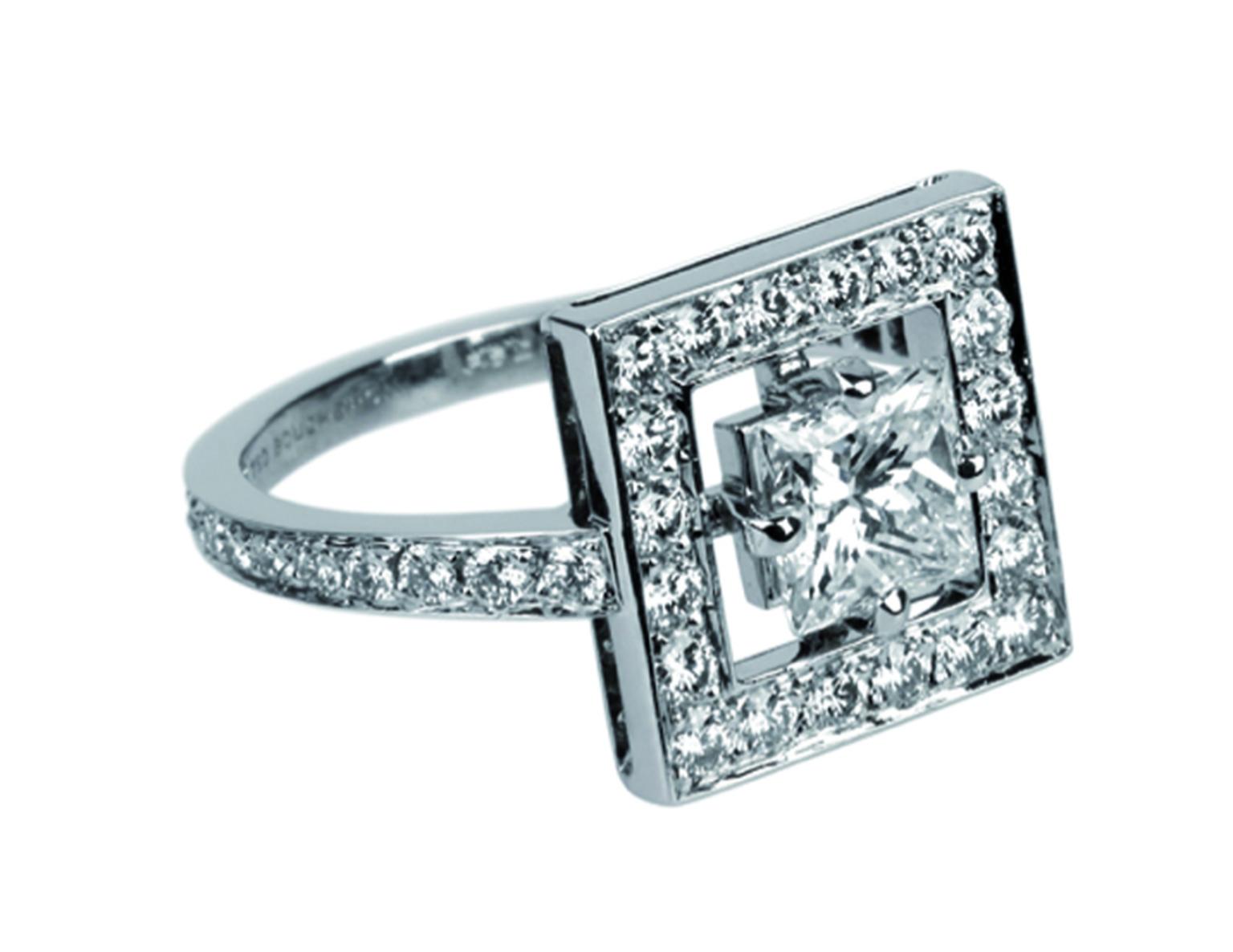 Boucheron Ava ring featuring a princess-cut diamond surrounded by a diamond pavé square.