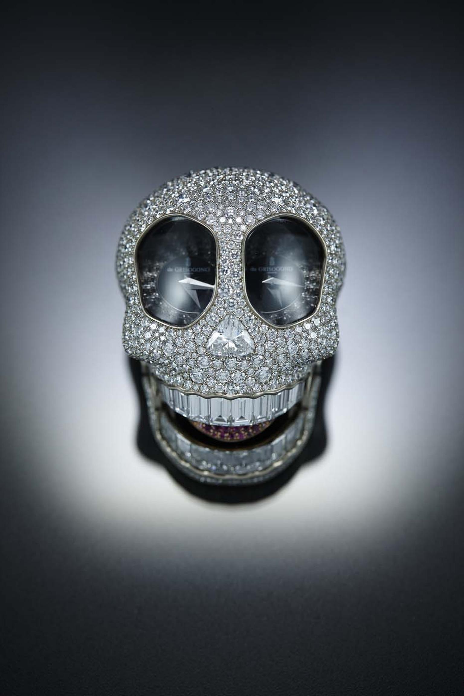 The de GRISOGONO Crazy Skull watch features a snow-set skull with 890 white or black diamonds or rubies, while the nose is represented by a heart-cut white diamond.
