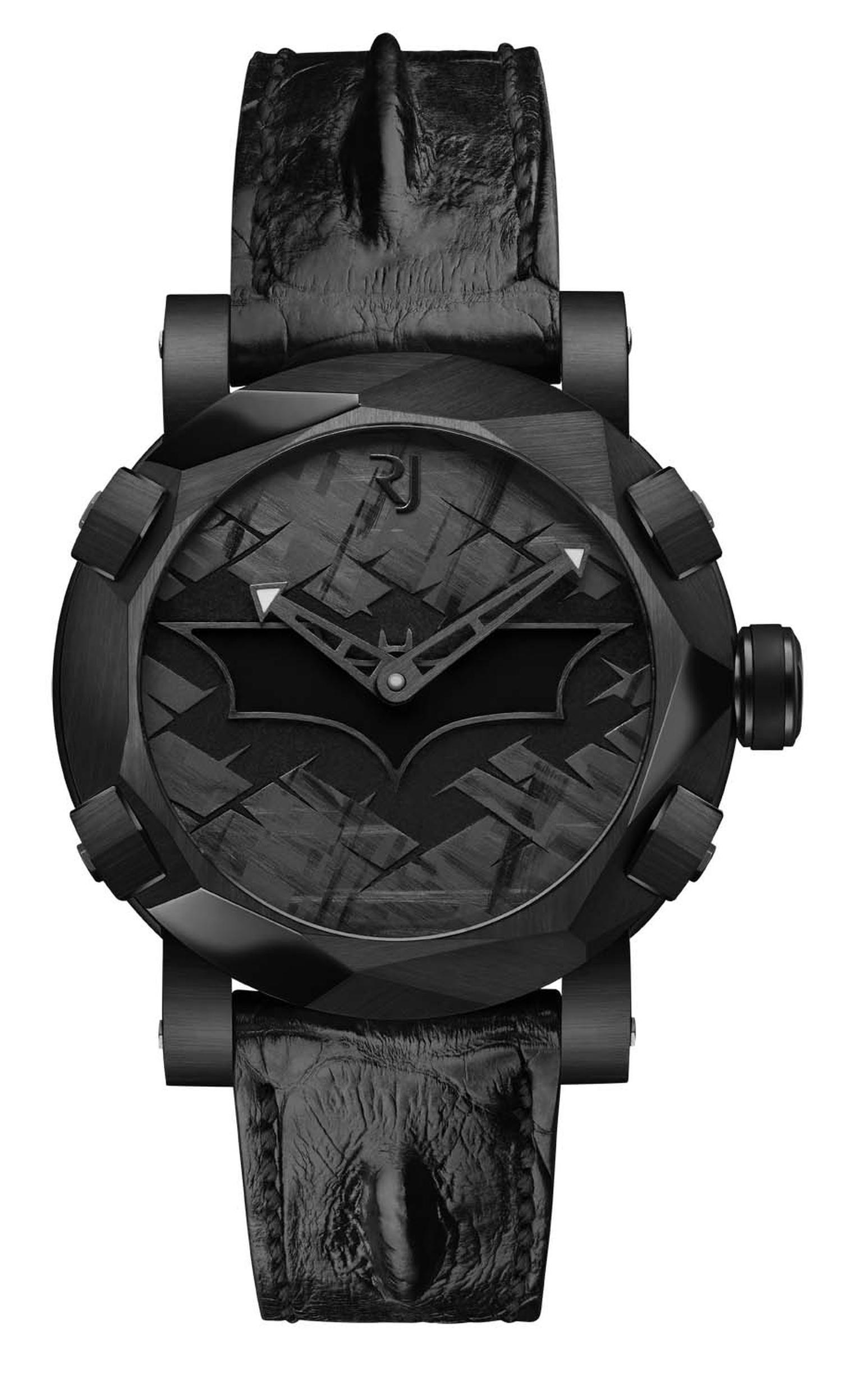 The RJ-Romain Jerome Batman-DNA watch features a dial with a black lacquered Batman symbol surrounded by a halo of luminescence - the legendary Bat-Signal - set against the Gotham City skyline. Fitted with a mechanical self-winding movement, the watch is 
