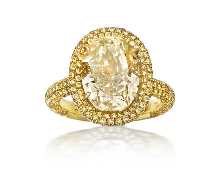 Amrapali yellow diamond engagement ring with a double band of yellow pavé diamonds (£POA).