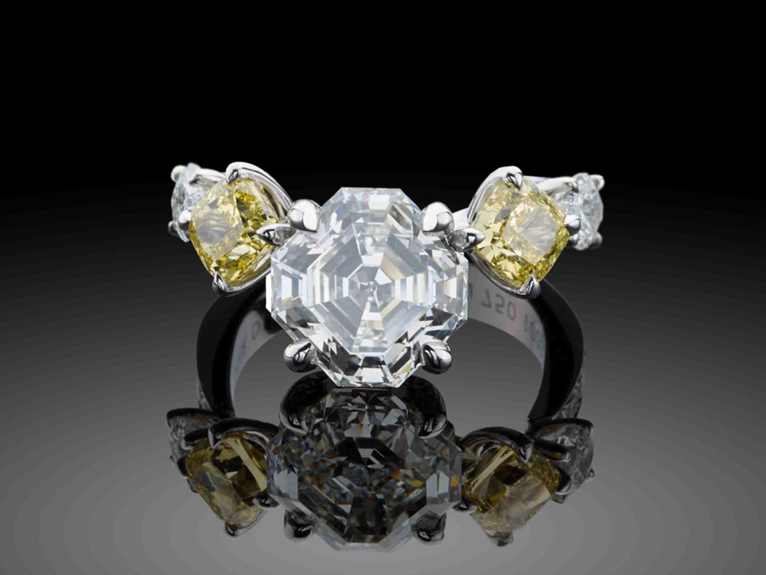 Star Diamond asymmetrical diamond engagement ring with a 4.20ct Asscher-cut diamond flanked by two Fancy Vivid Yellow cushion-cut diamonds (£275,000).