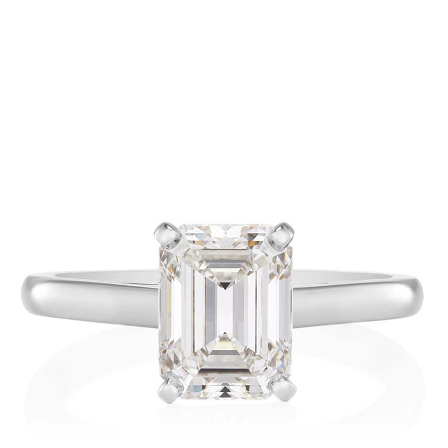 De Beers emerald-cut diamond solitaire engagement ring (from £2,650).