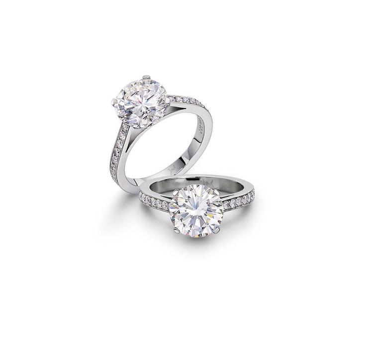 David Robinson Speechless Engagement Ring featuring a 2.50ct round brilliant-cut diamond with diamond-set shoulders in platinum (£35,000).