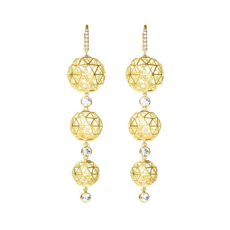 Roule & Co. Triple Geo earrings in yellow gold with yellow sapphires.