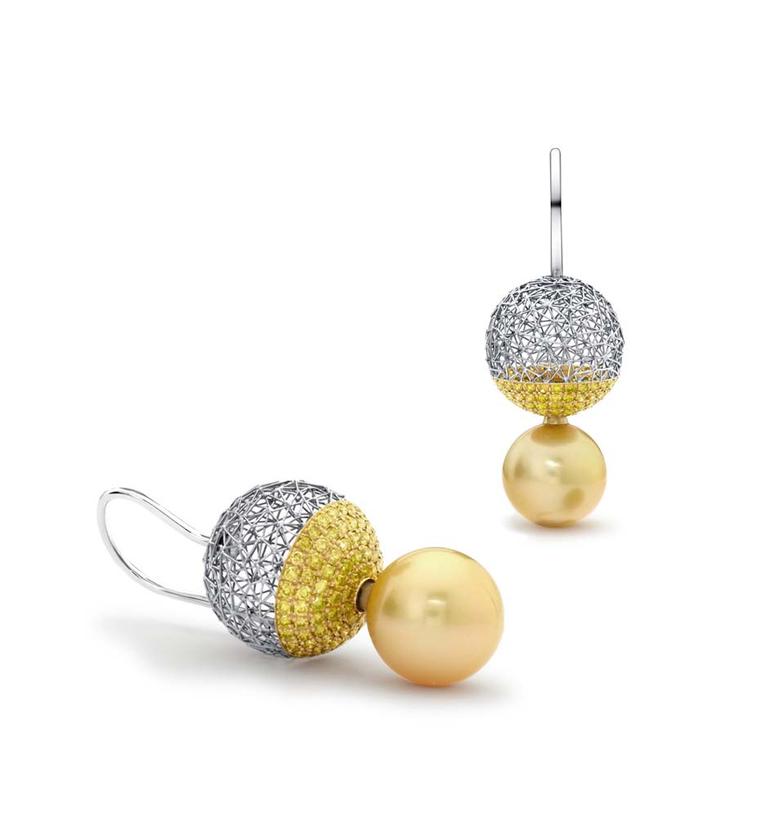 Tom Rucker Geo Eclipse earrings in platinum and gold featuring rare natural Fancy yellow diamonds and interchangeable South Sea pearls.