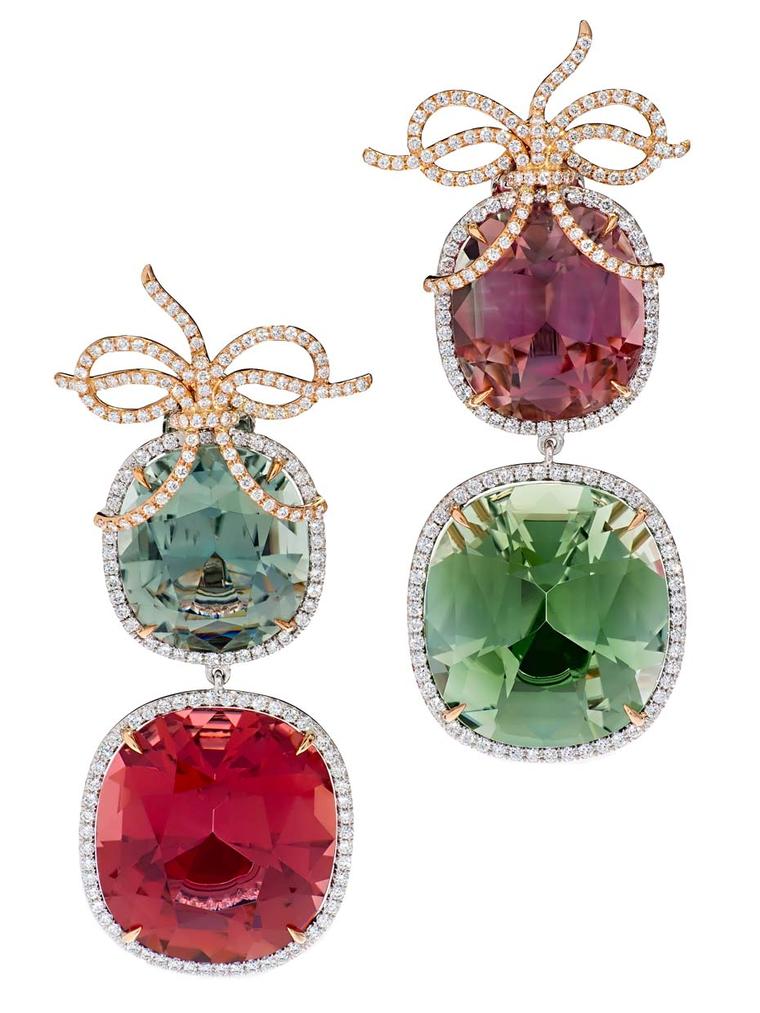 Margot McKinney pink and green tourmaline and diamond Bow earrings.