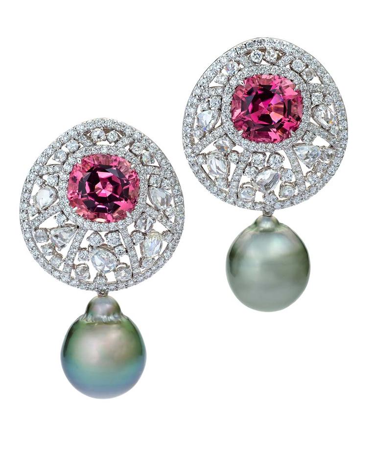 Margot McKinney pink tourmaline, white diamond and Tahitian pearl earrings.