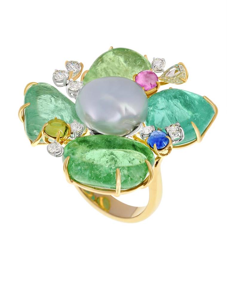 Margot McKinney Paraiba Petal Flower ring with a centre pearl.