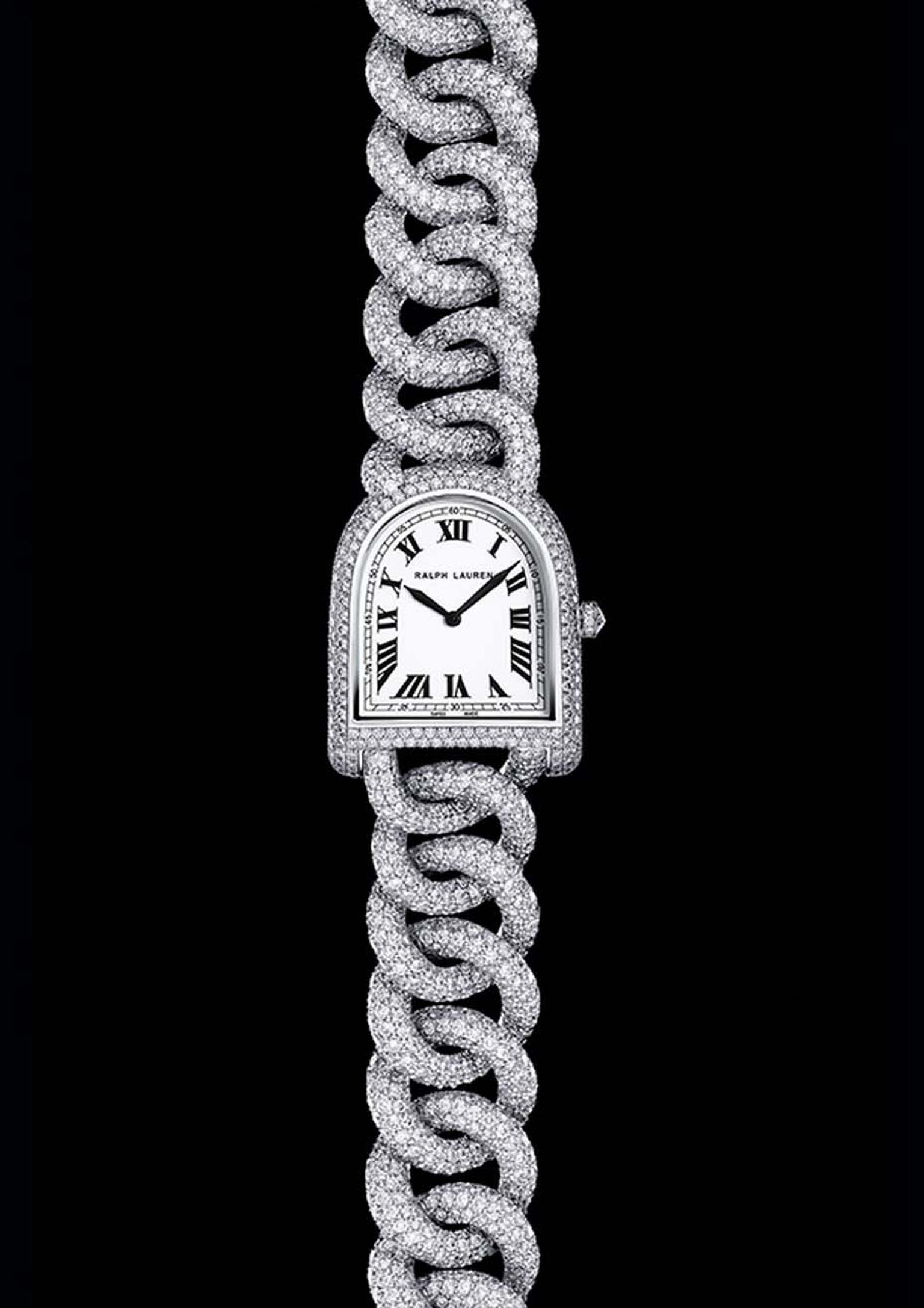 The most opulent Ralph Lauren Stirrup watch is the Petite Stirrup Diamond Link watch with a white gold case and link bracelet fully pavéd with more than 20ct of diamonds, which illuminate the off-white lacquered dial.