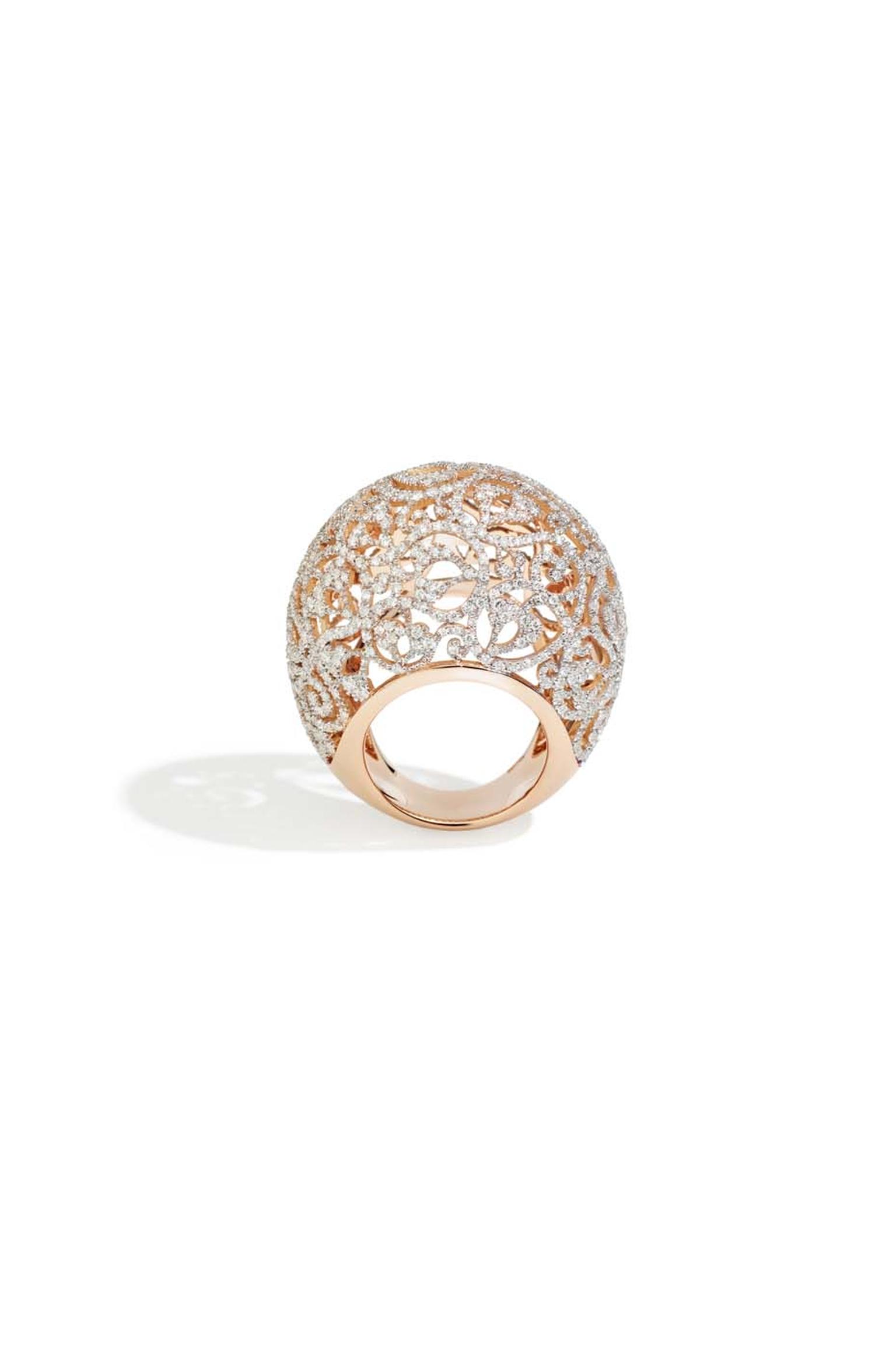 Pomellato Arabesque ring in polished rhodium-plated rose gold, set with 670 diamonds (£15,700).