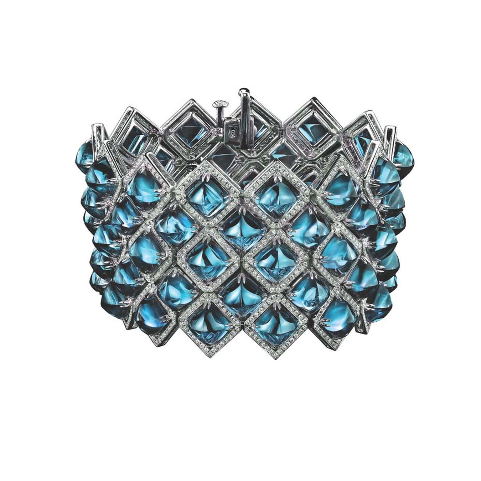 Robert Procop cuff in white gold, from the Legacy Brooke collection, with blue topaz and diamonds.