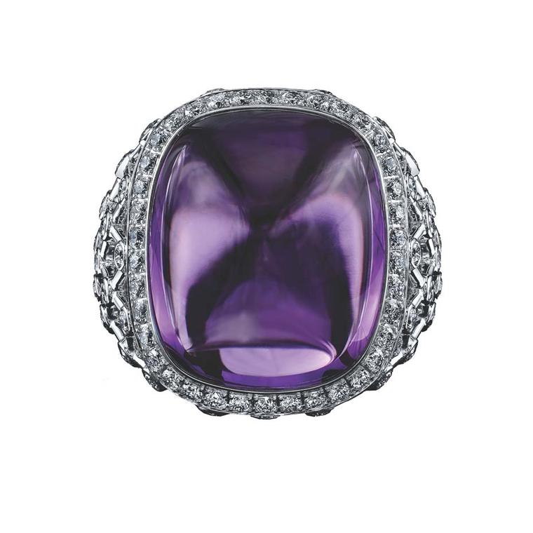 Robert Procop ring in white gold, from the Legacy Brooke collection, featuring an 18.00ct sugarloaf amethyst and diamonds ($11,000).