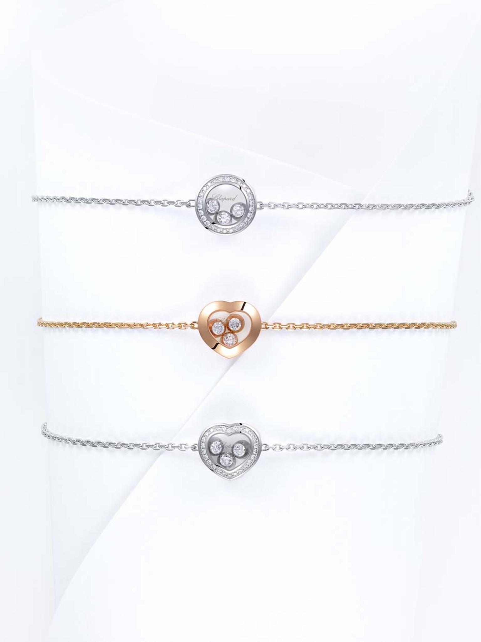 Chopard bracelets from the Happy Curves bracelet in white or rose gold with either a circular or heart motif carrying three freely moving brilliant-cut diamonds.