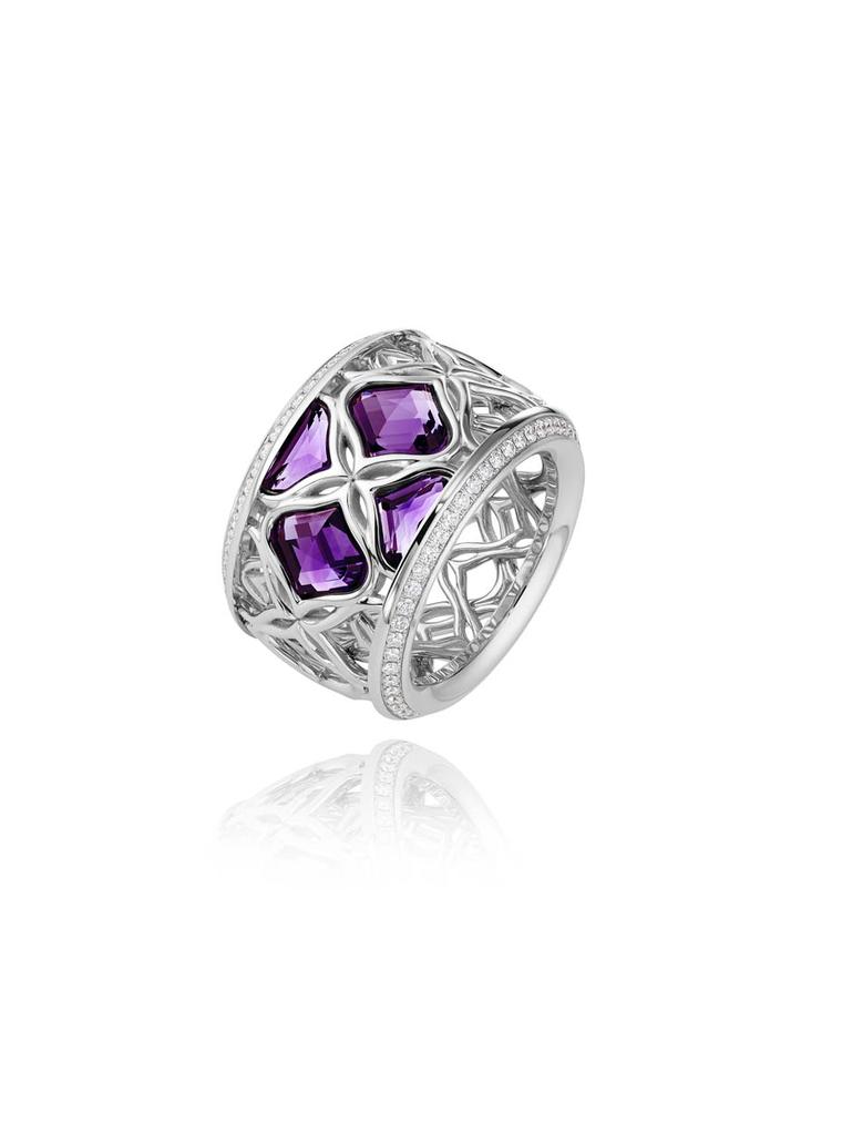 Chopard Imperiale ring featuring a facetted amethyst surrounded by arabesque motifs and diamonds.