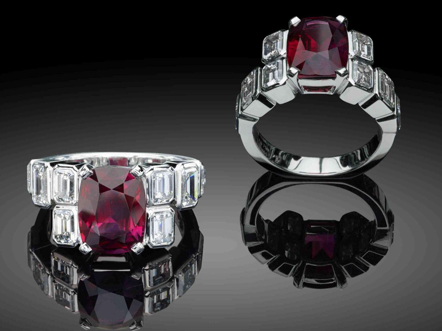 Star Diamond Ruby Star Art Deco engagement ring with a 4.52ct centre ruby.