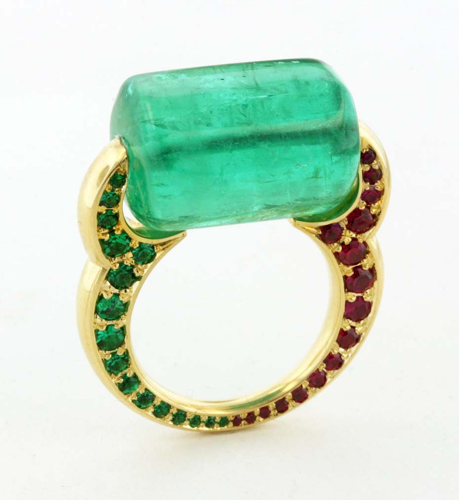 James de Givenchy Taffin Passage to India ring centers on a bold emerald bead, which is set in an Eastern-inspired gold shank of emeralds and rubies.
