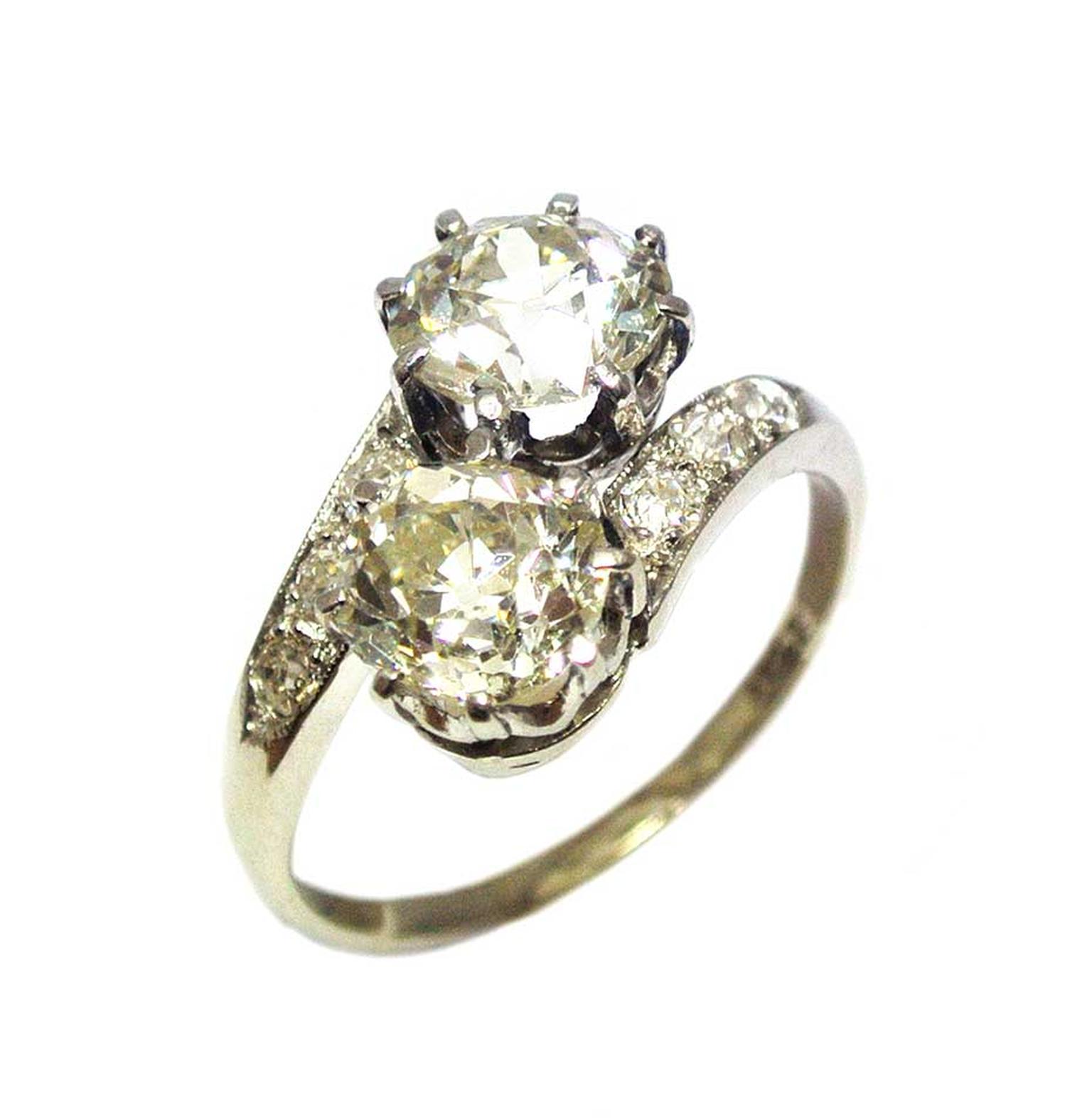Crossover design vintage diamond engagement ring set with 1.3ct and 1.2ct diamonds, circa 1910. Available at Grays Antique Market, London.