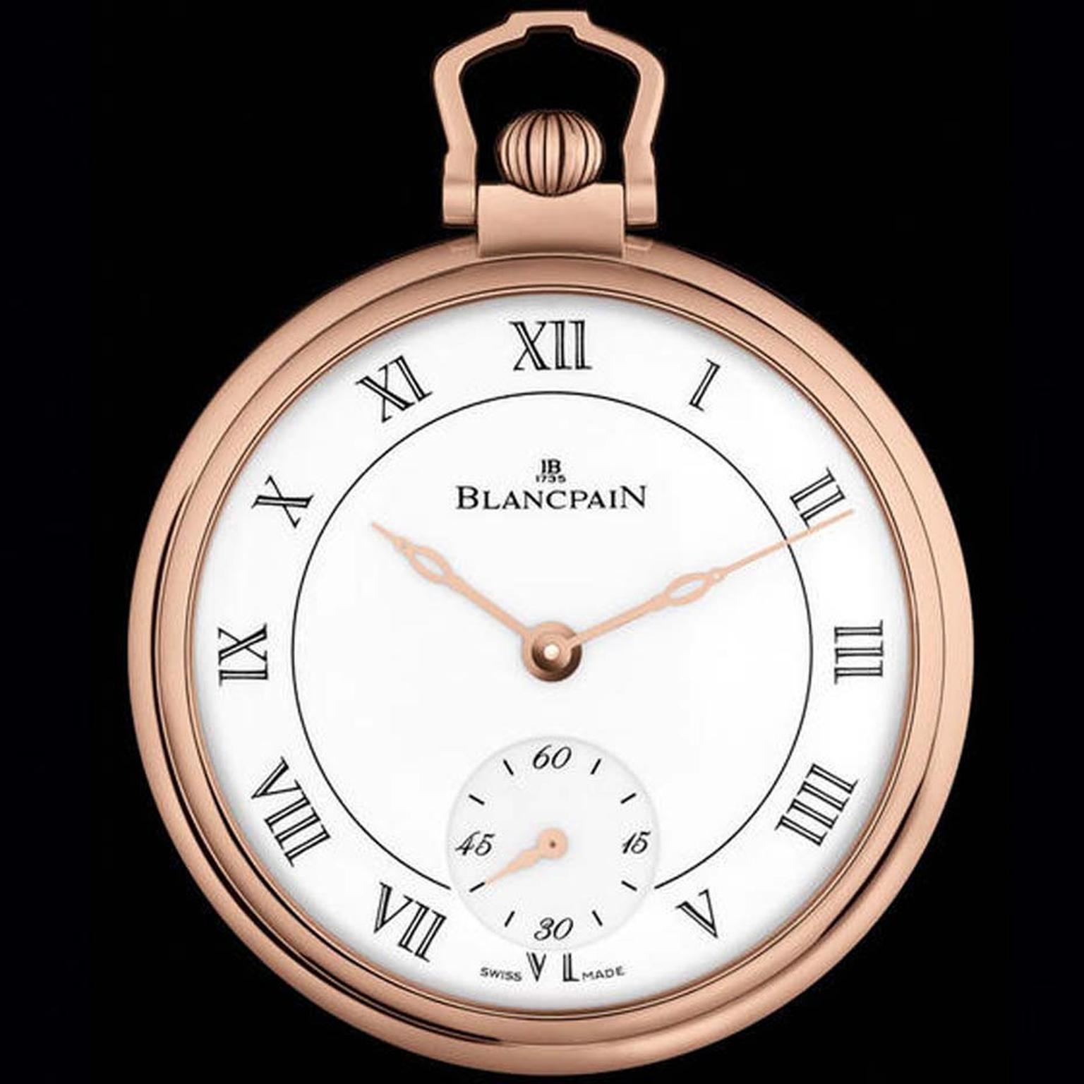 Blancpain Villeret pocket watch for men featuring a red gold 44.5mm case, a beautiful grand feu enamel dial and an ultra-slim movement.