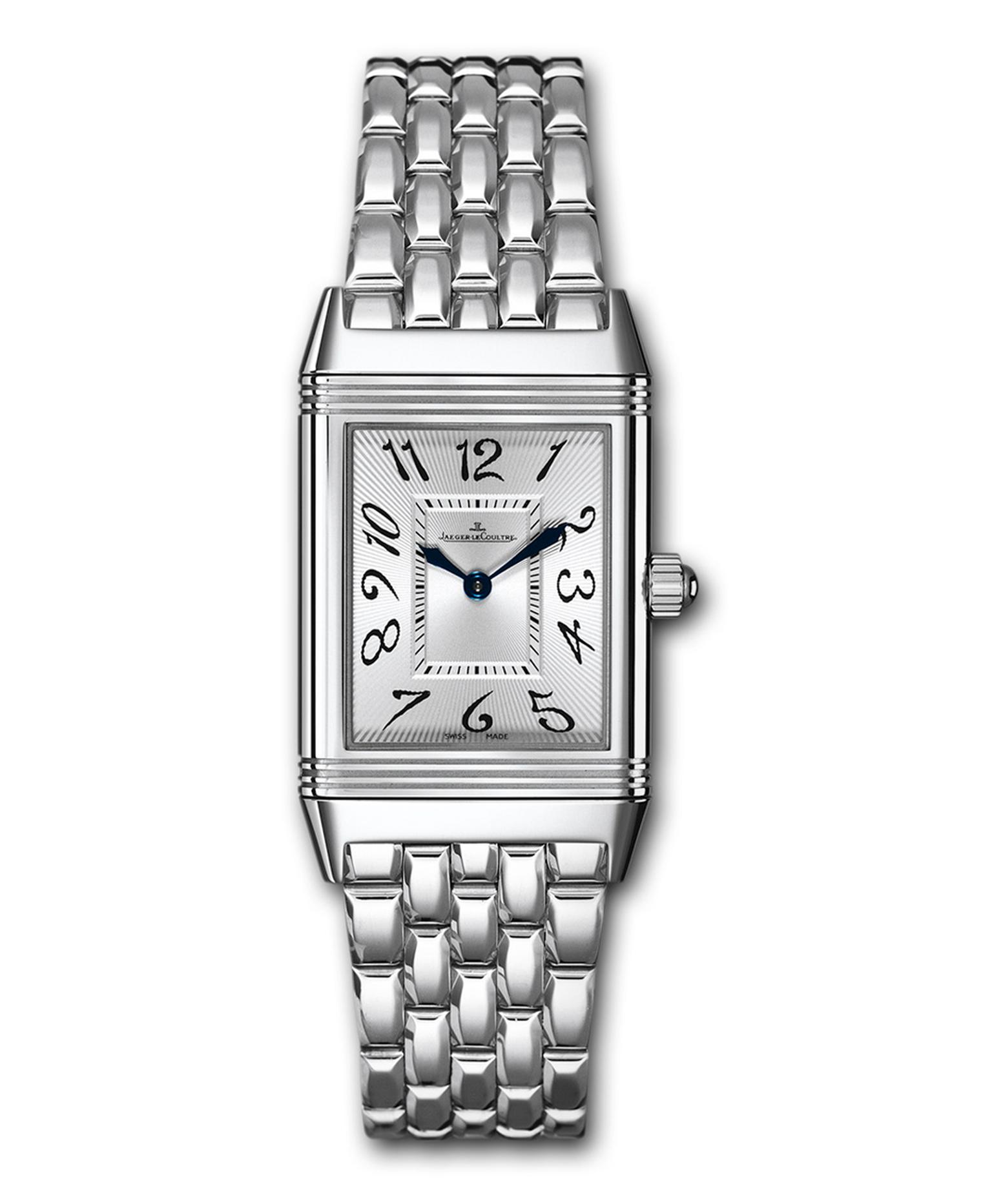 The Jaeger-LeCoultre Reverso Duetto Classique watch in stainless steel featuring a silvered guilloché and sunray-brushed dial and floral numerals.