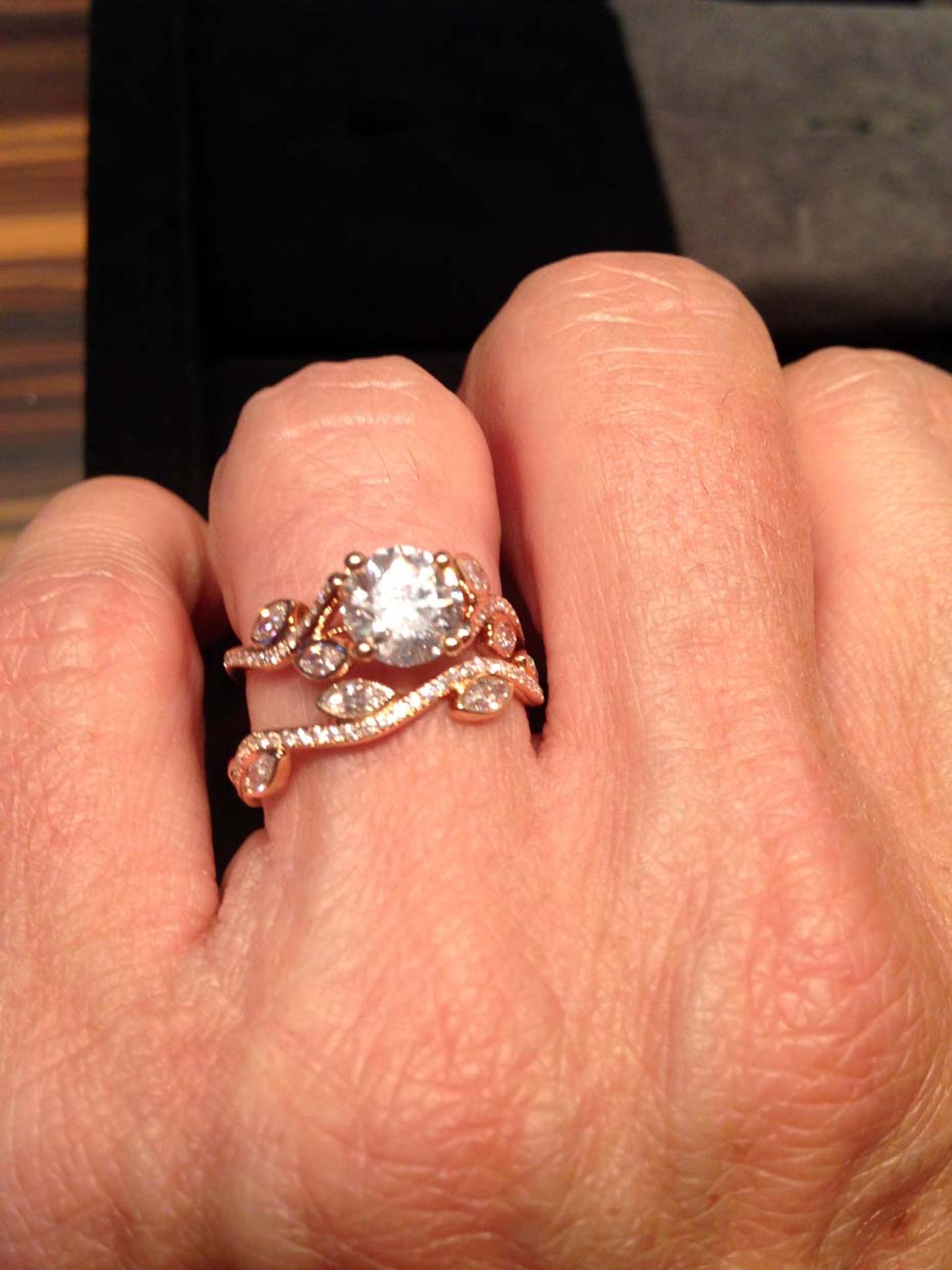 De Beers Adonis Rose solitaire diamond engagement ring in rose gold with matching diamond wedding band.