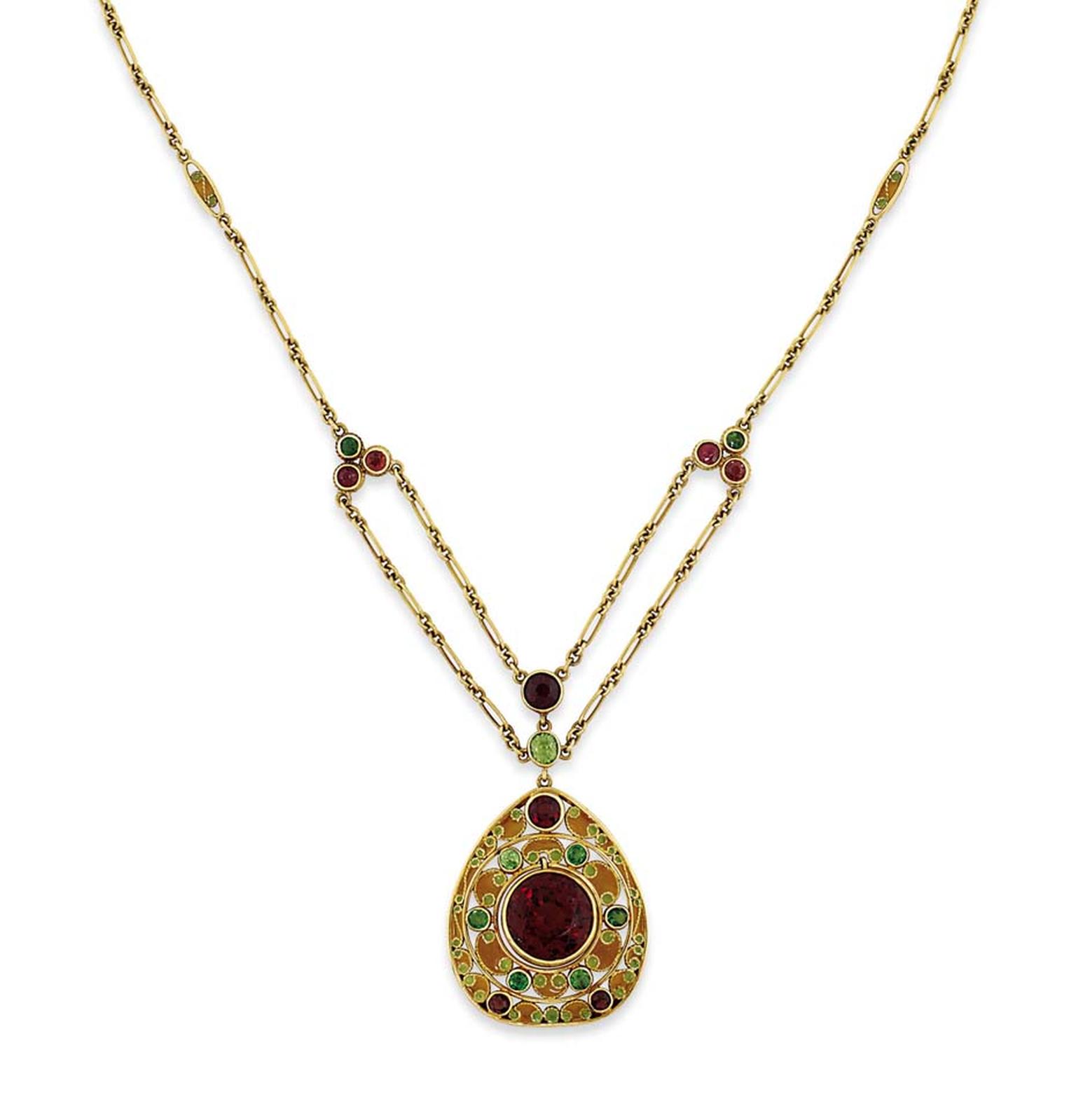 A charming late 19th century garnet and enamel pendant by Tiffany & Co. has a modest estimate but shows the variety of jewels on offer (estimate: £2,000-£3,000).