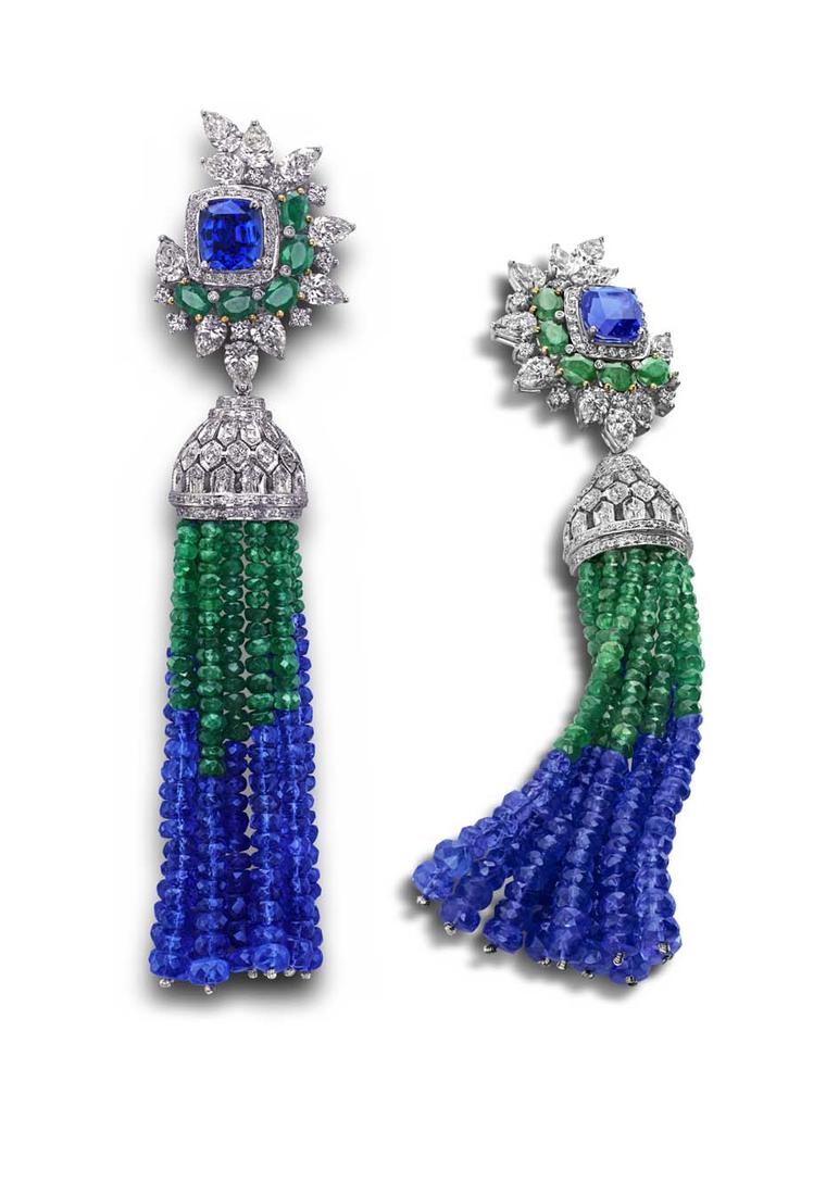 House of Rose earrings with tanzanites, emeralds and diamonds.