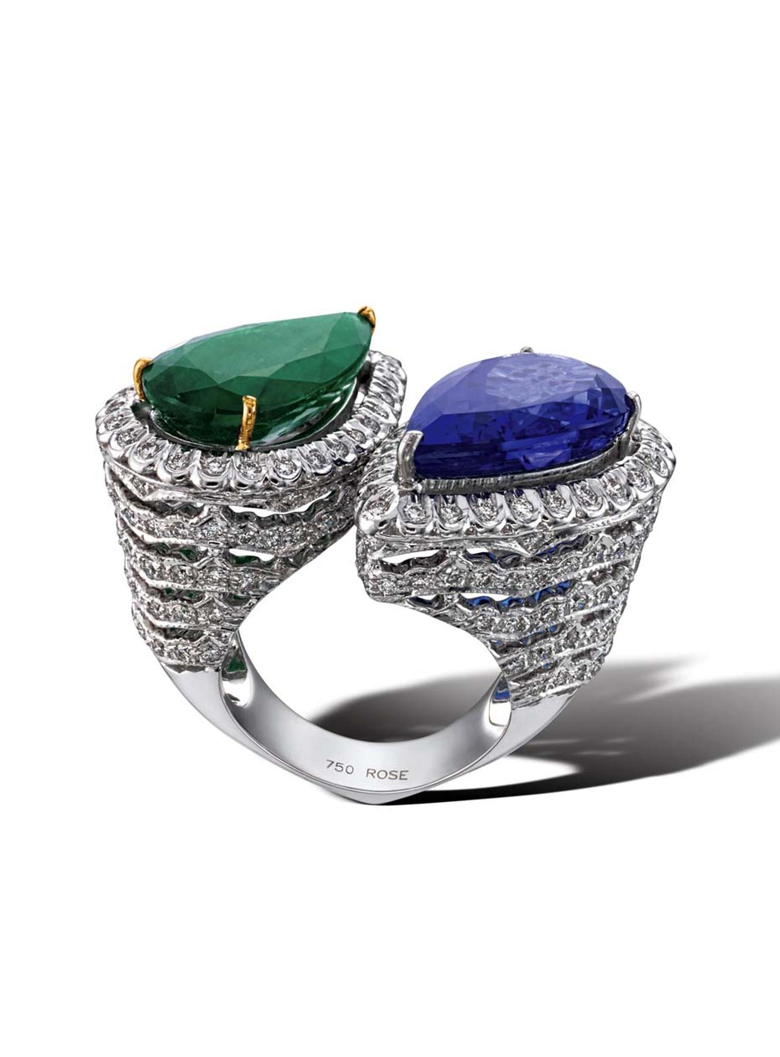 House of Rose emerald and tanzanite ring with diamonds.