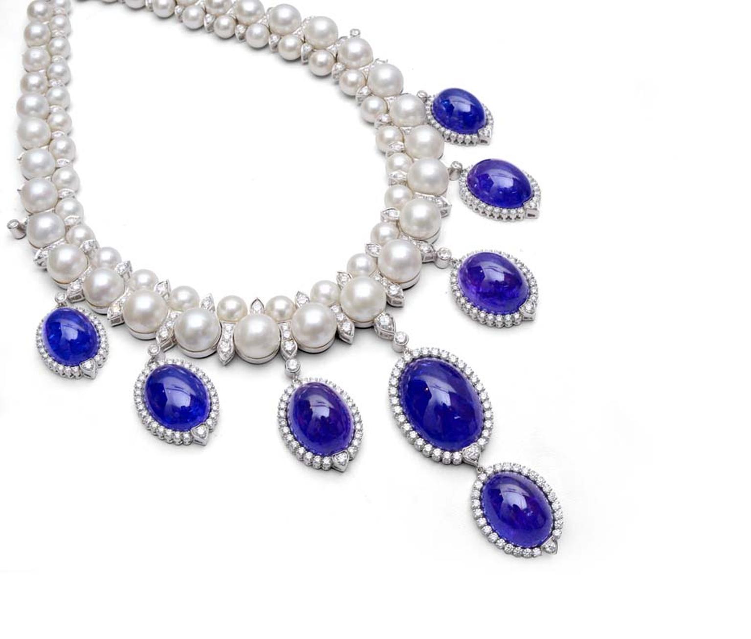 Farah Khan classic pearl and diamond necklace with cabochon tanzanite pendants.