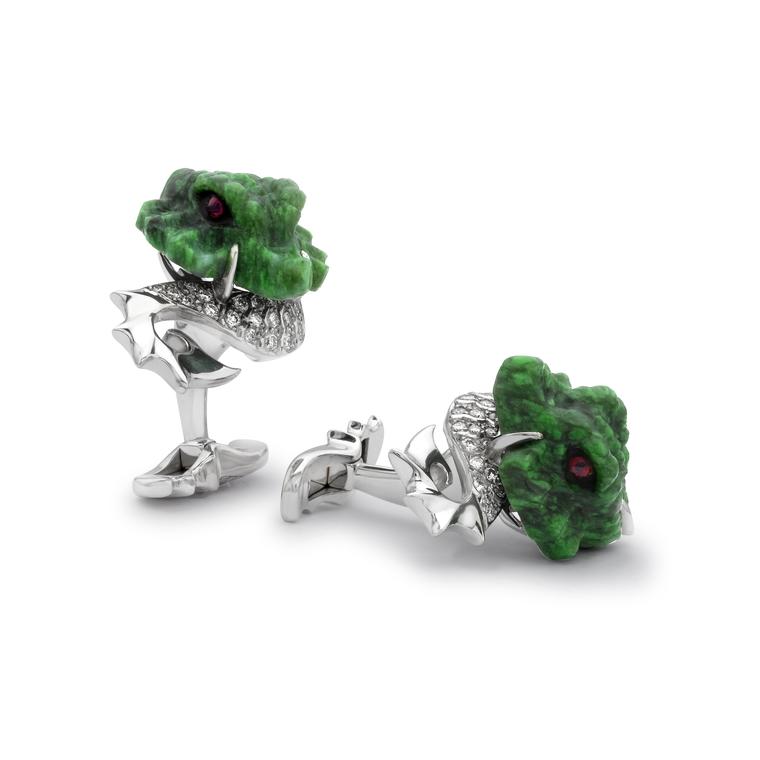 David Marshal Dragon diamond cufflinks. Crafted out of luxurious white gold and Burma jade, they are set with 0.46ct of subtly sparkling gems.