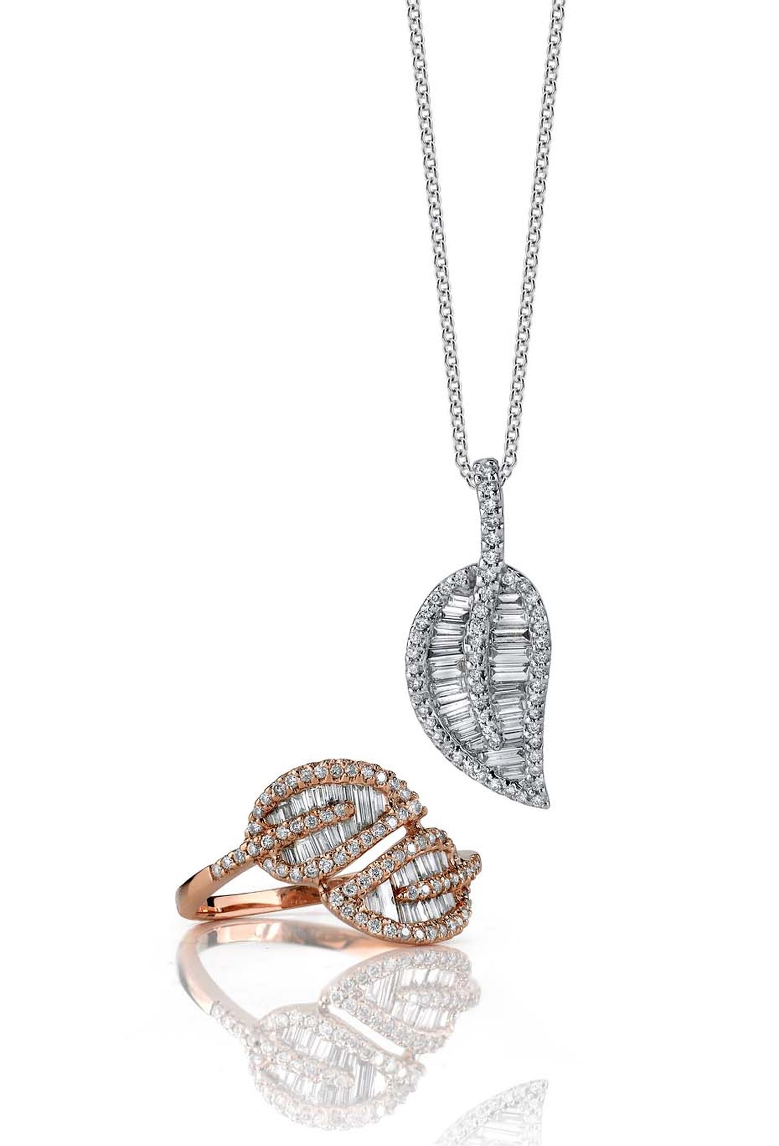 Anita Ko Double Leaf gold and diamond ring and necklace ($4,700 and $3,990).