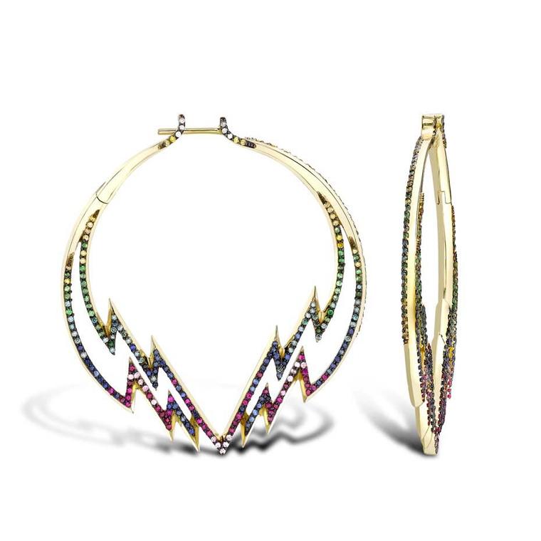 Venyx Electra Hoop earrings in yellow gold featuring white, yellow and blue diamonds, pink sapphires, rubies and tsavorite garnets ($21,165).