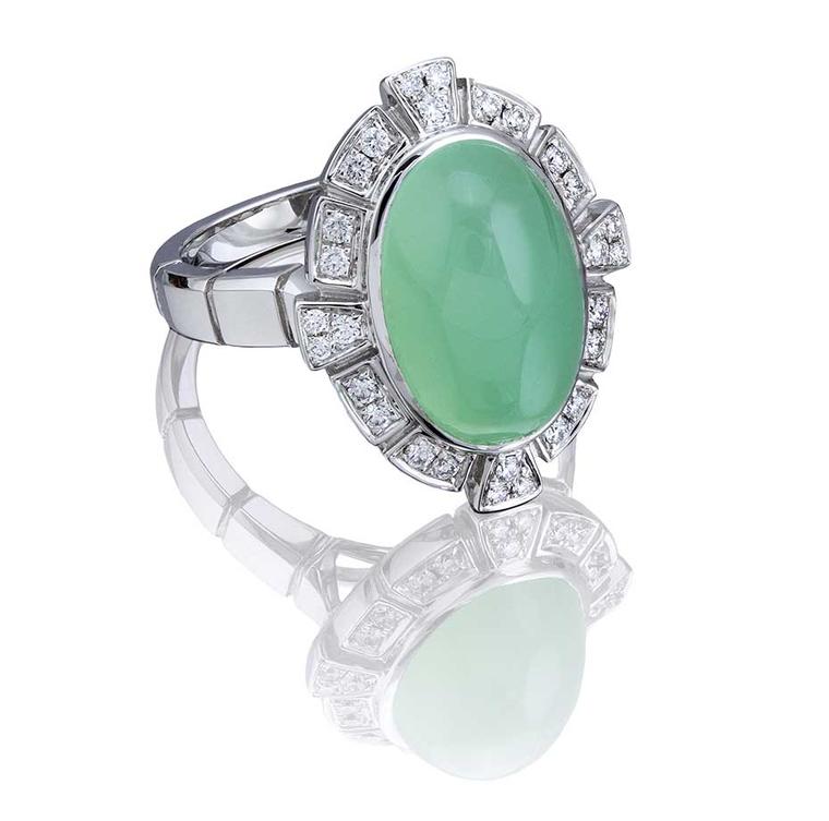 Boodles Keystone cocktail ring in white gold, set with a 6.48ct chrysoprase and round brilliant diamonds (£2,400).